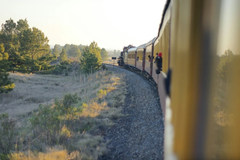 a train is on a track going through a wooded area