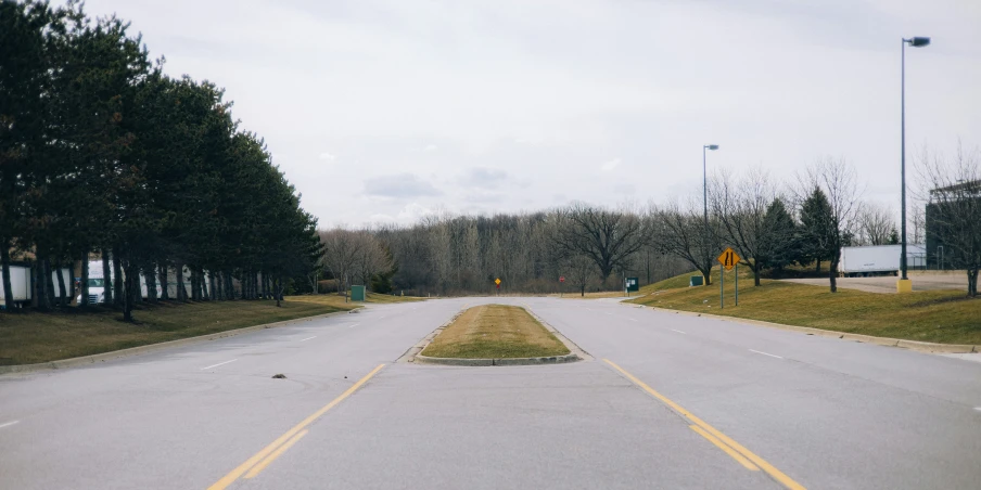 trees and signs line the roadside of an empty street