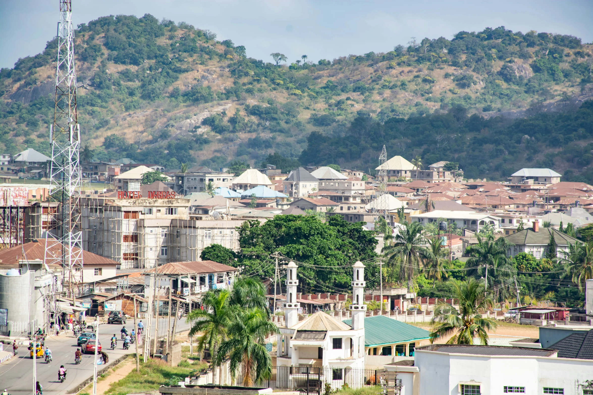 a city view with tall buildings next to it