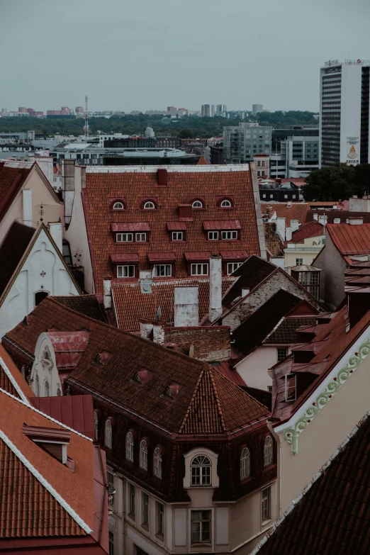 an upward view of the roof tops of a city