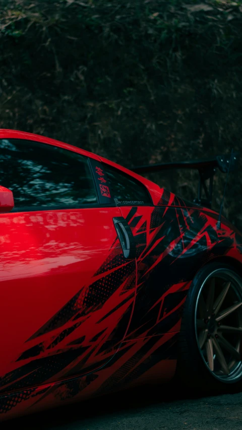 a car with a large, red decal on it