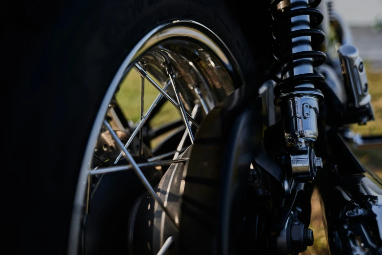 closeup view of the front wheel of a motorcycle