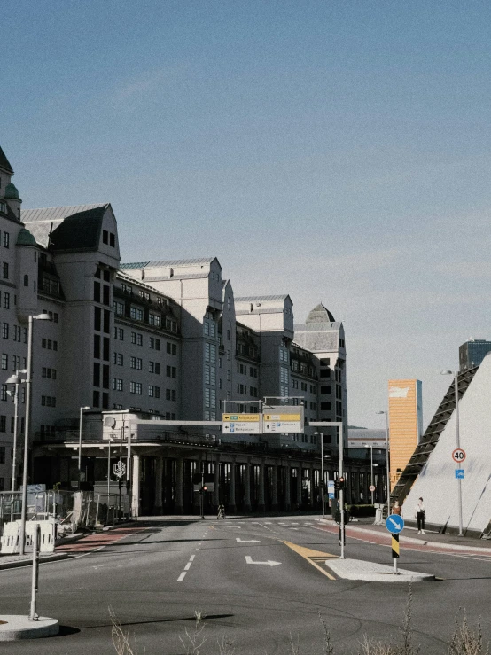 a large building in the middle of the road