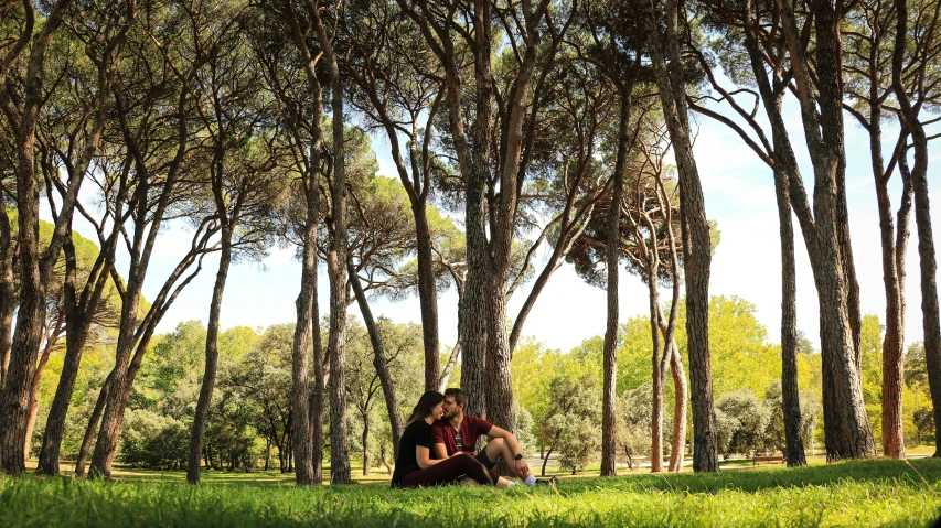 two people sitting on a bench in the park