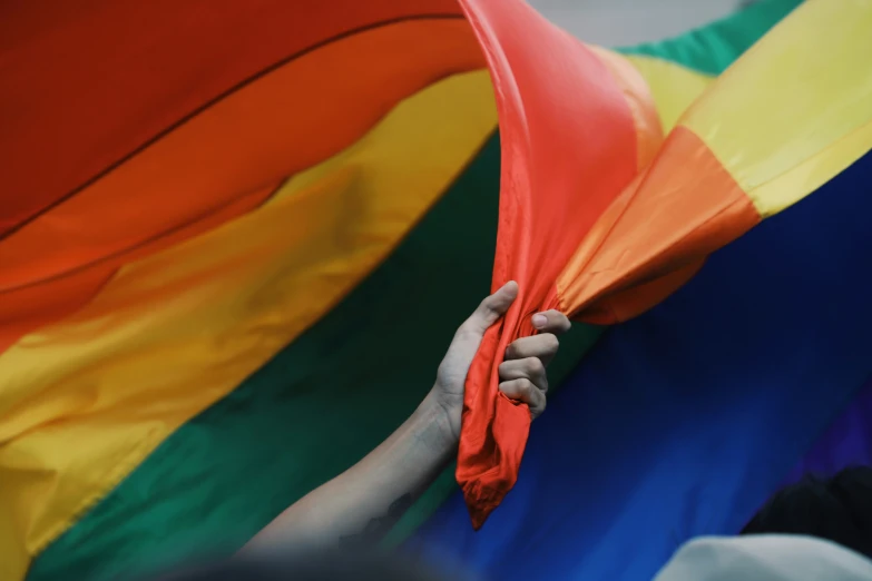 a person holding a large rainbow colored kite