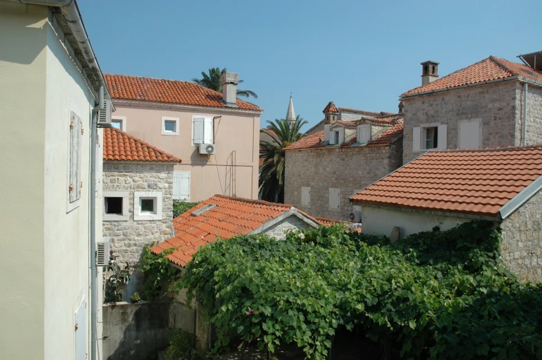 a city with red roof tops covered in greenery