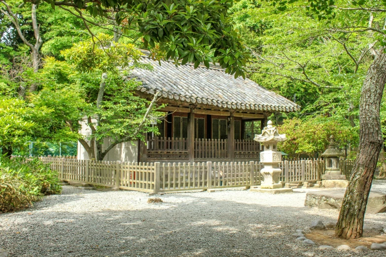 a small wooden house surrounded by some trees