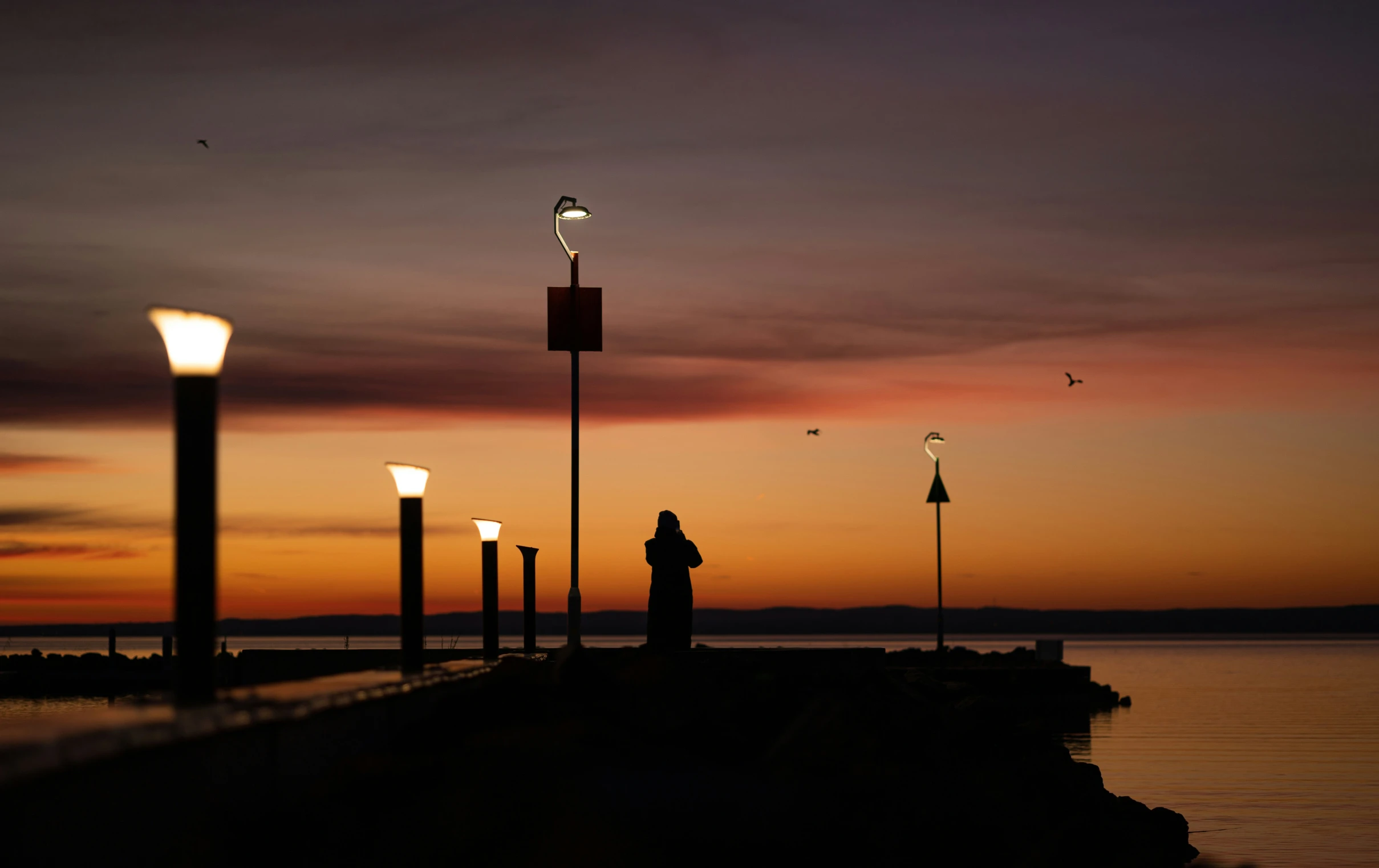 the silhouette of a person looking at a seawall