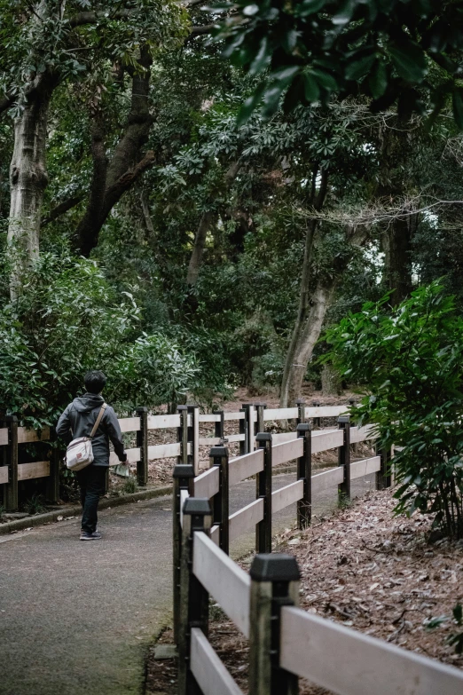 the woman walks down the path with an umbrella