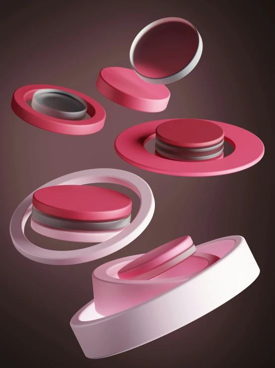 abstract 3d renderings of various objects including oval discs, an oval cup and a circle disk on the ground