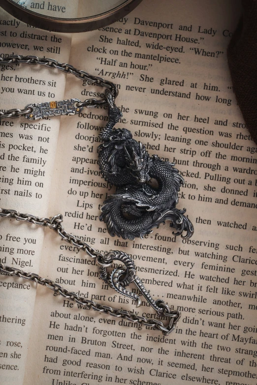 a close up of a book with two chain attached to it