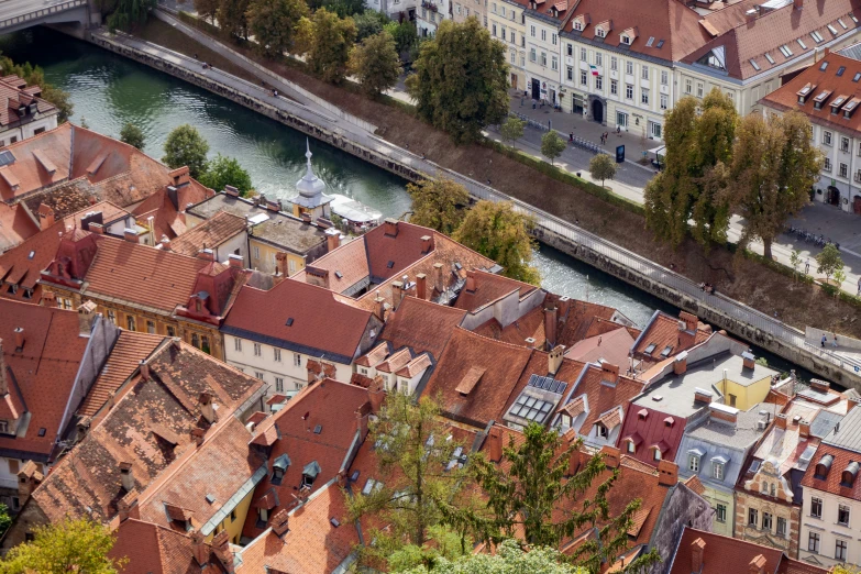 aerial view of city, buildings, river and bridge in europe