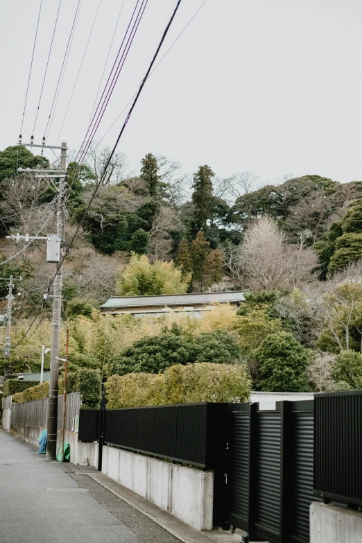 a street with a long fence and many trees on the hill