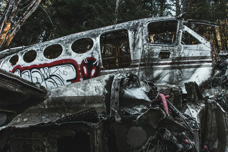 the car is parked in the woods with graffiti on it