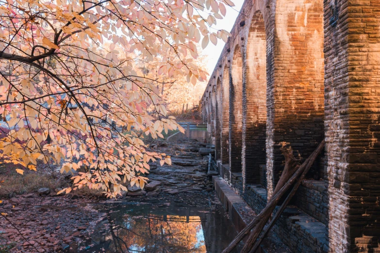 this is an old brick bridge that has water running beneath it