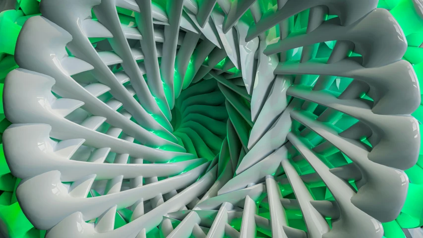 a 3d design of white and green shapes in a circle