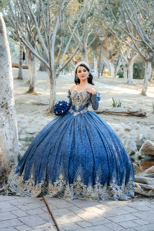 a woman in a blue ball gown stands on the sidewalk