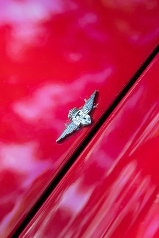 a red car with a tiny silver insect on the hood