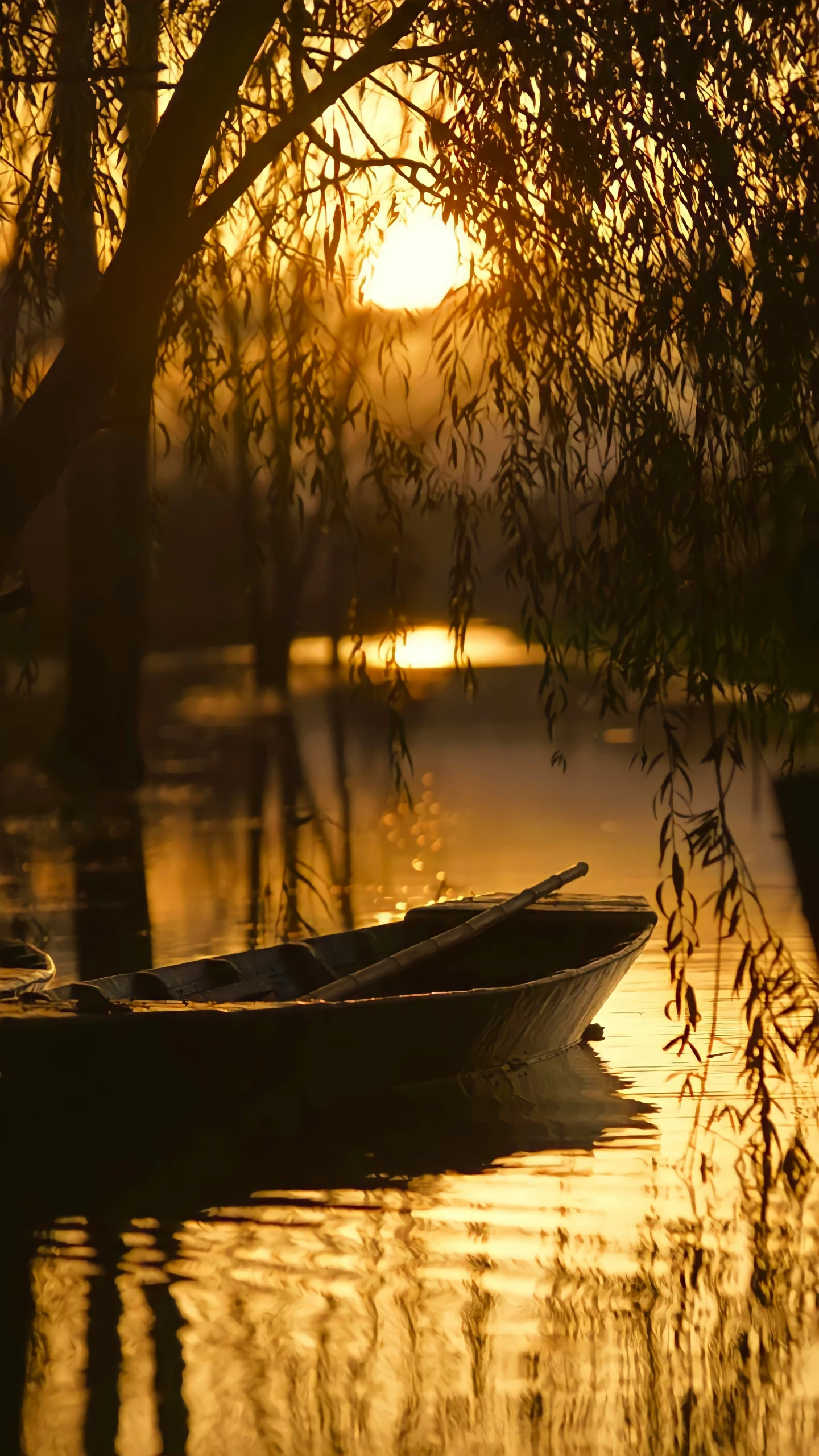 an empty canoe sits on the water at sunset