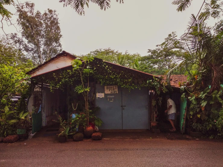 two planters stand next to a small blue building