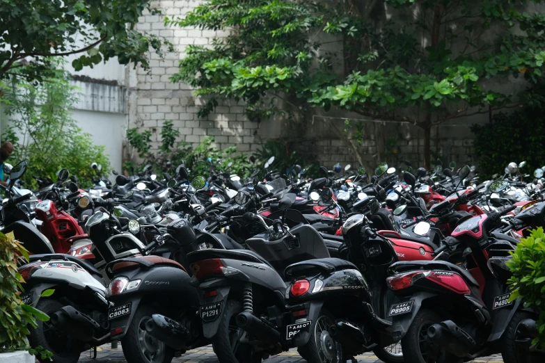 a large group of motorcycles are parked in the middle of the street