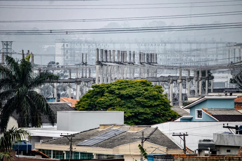 electric lines above houses with trees in front