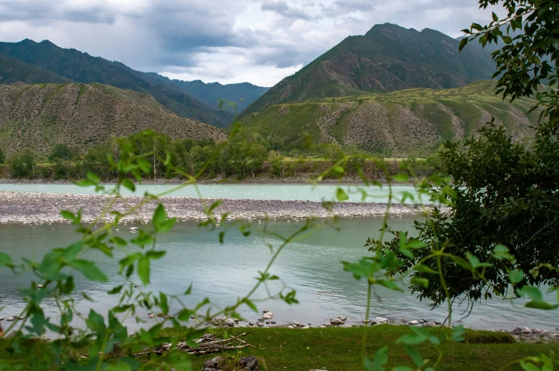 a green river in front of mountains and trees