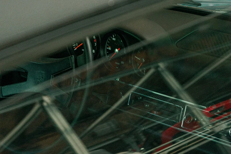 the car's interior is viewed from inside the vehicle