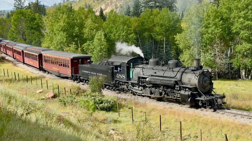 the steam locomotive is riding past a wooded area