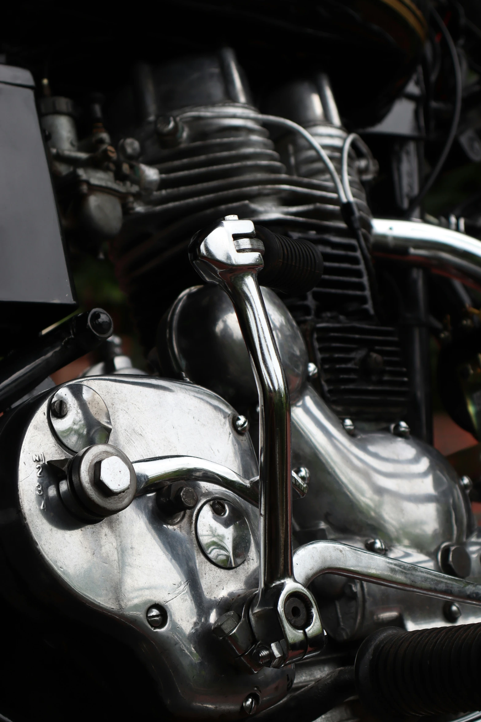 a close up of a motor bike's front engine