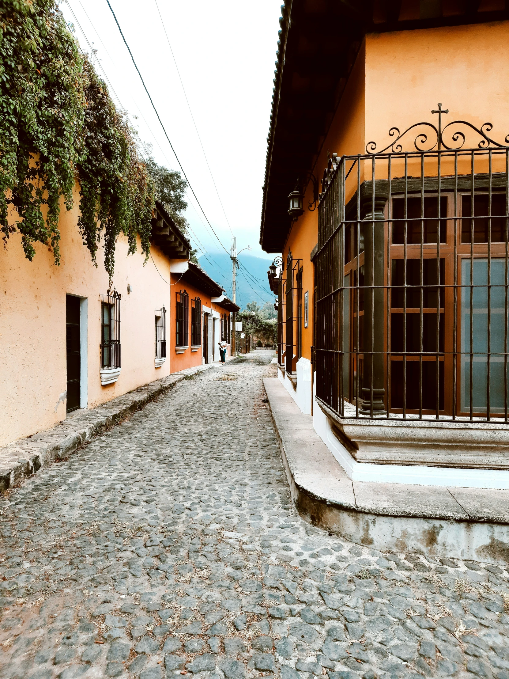 two buildings along a road with a fence near by