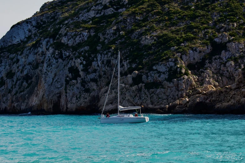 a sail boat sailing in front of a large rocky mountain