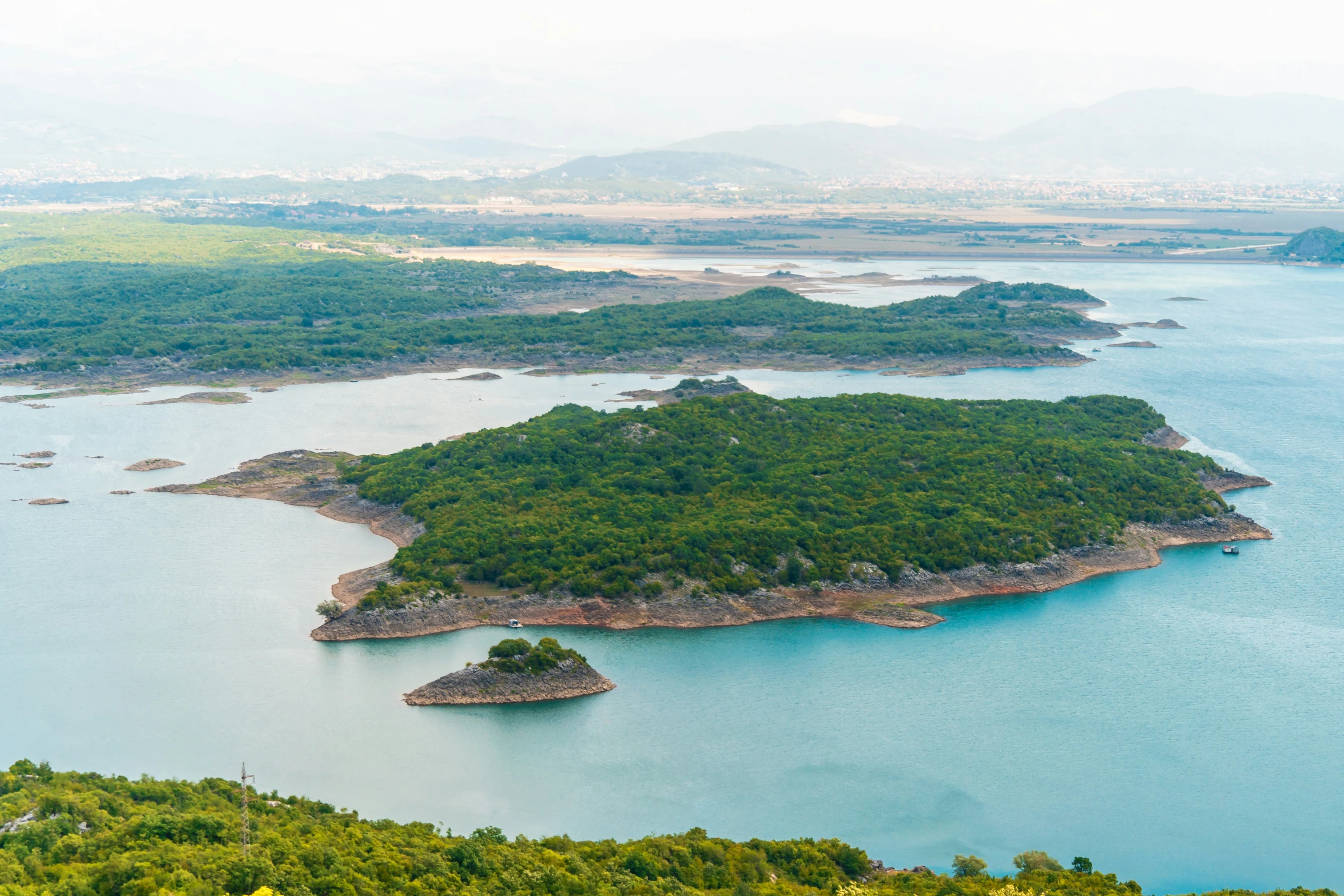 a large lake surrounded by forest near mountains