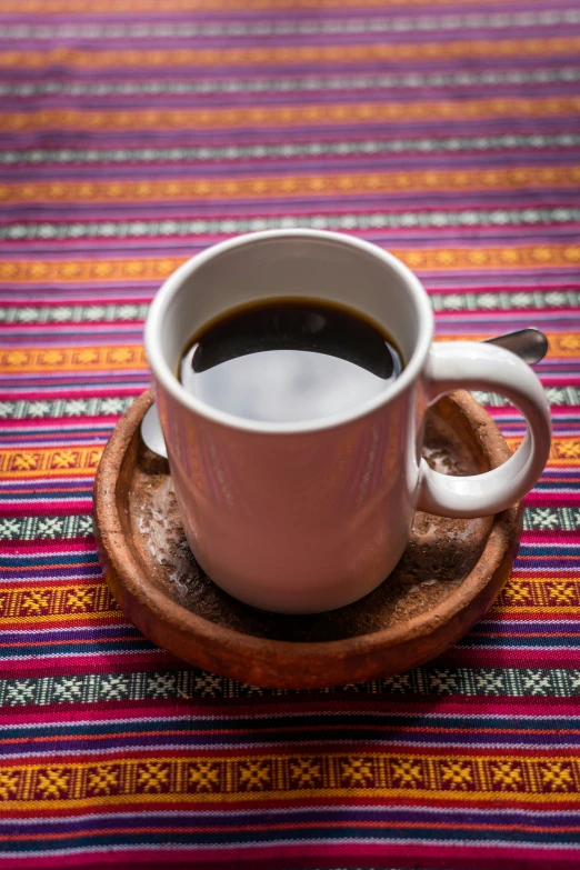 a cup of coffee sitting on a plate