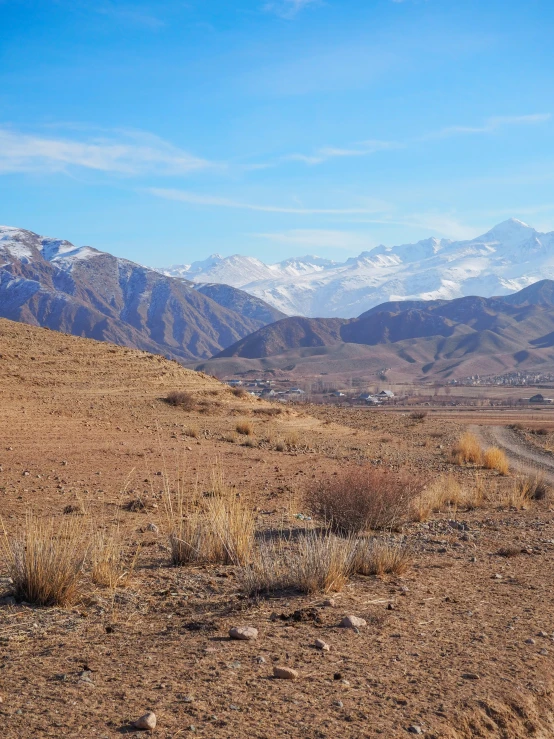 a field with a sign in front of some mountains