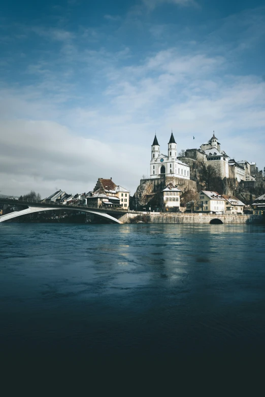 a body of water with a bridge crossing it