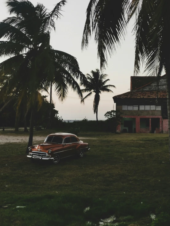 an old classic car parked under palm trees