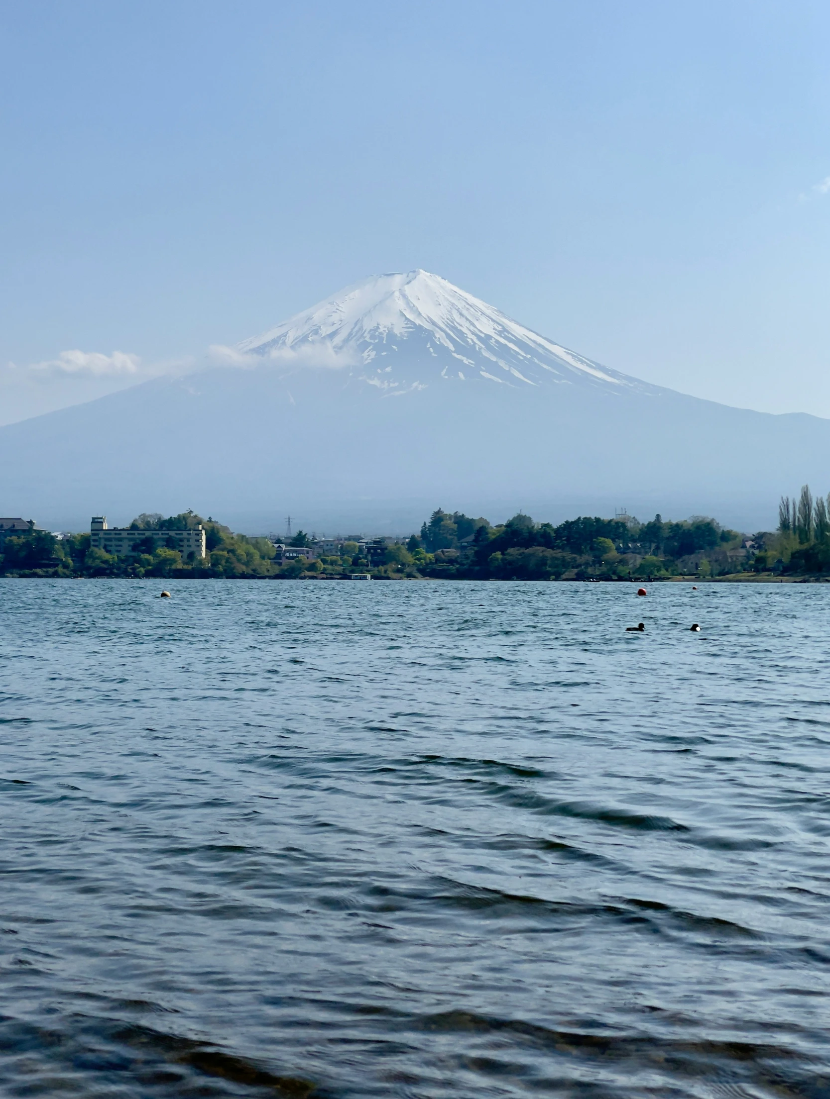 the snow - capped mountain is shown in the distance over the water