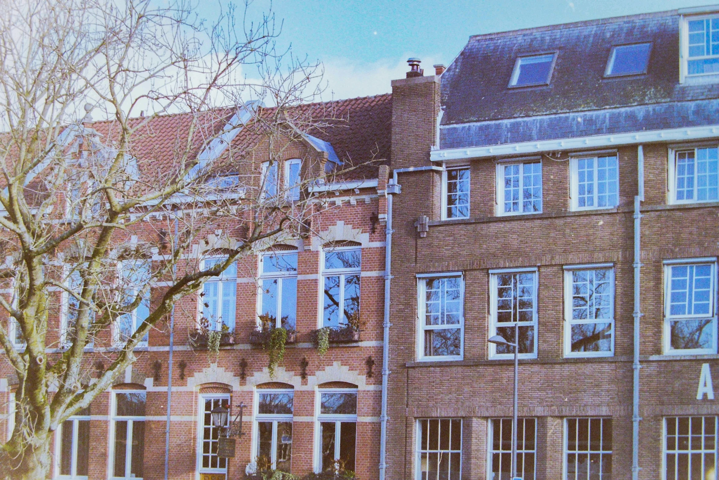 a group of buildings with windows that are red