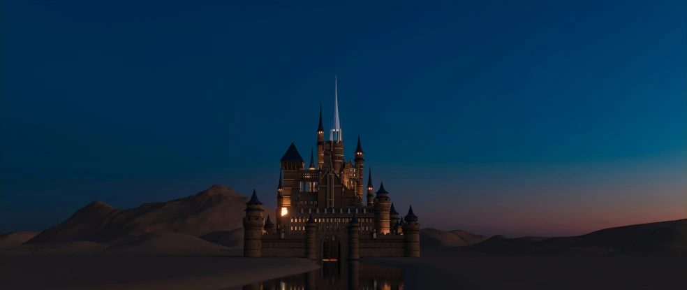 a castle shaped building lit up at night