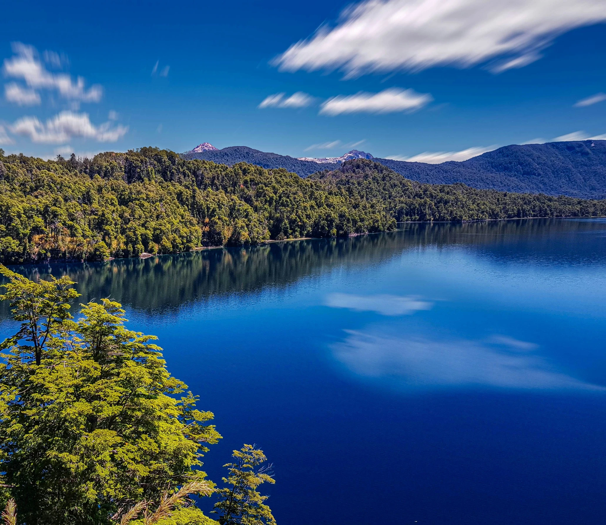 trees and sky line the blue waters of a lake