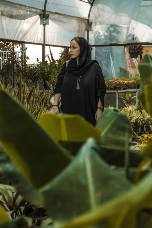 an image of woman with a scarf in a greenhouse