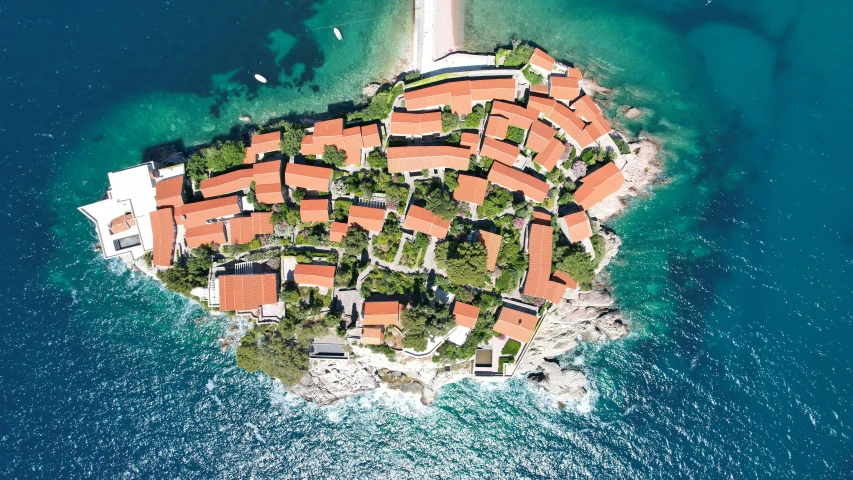an aerial s of a group of buildings on an island