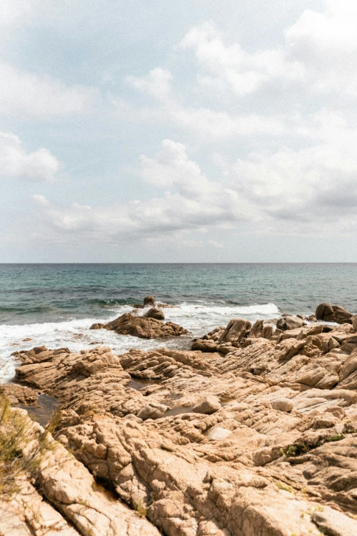 a lone brown animal sitting on the rocks next to the water