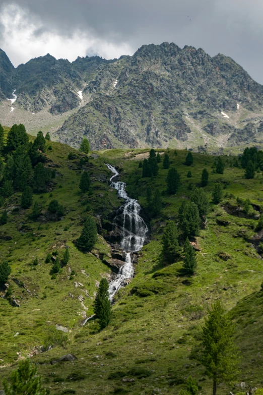 mountain range with a stream winding into the forest