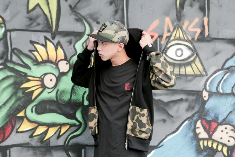 young man wearing camouflage hoodie and black cap