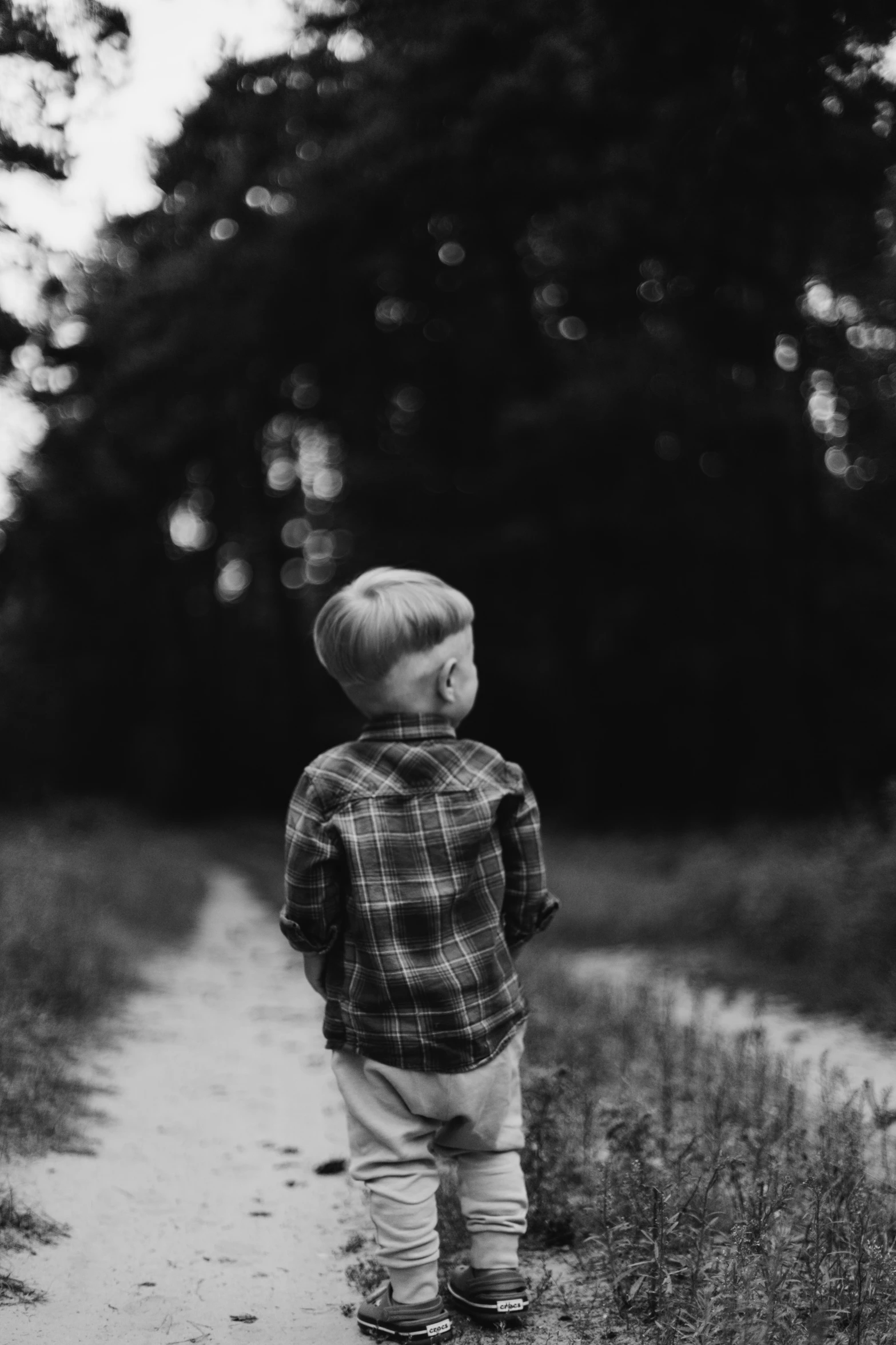 small boy walking in grass next to road