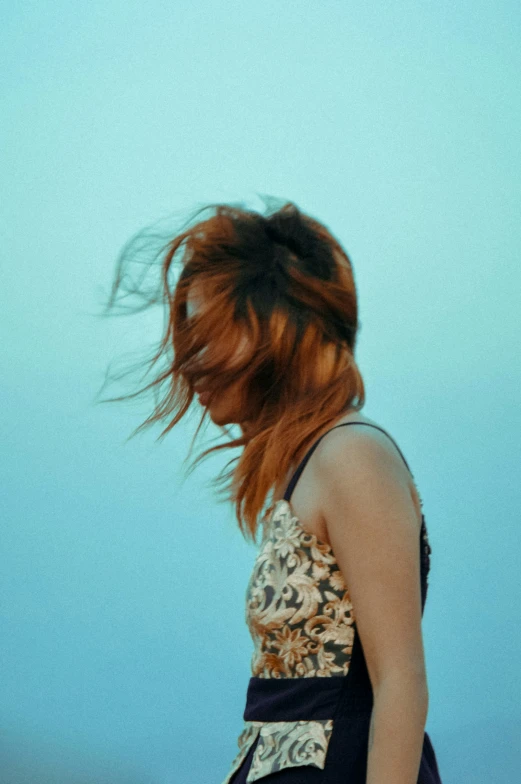 an image of woman in blue dress with hair blowing in the wind