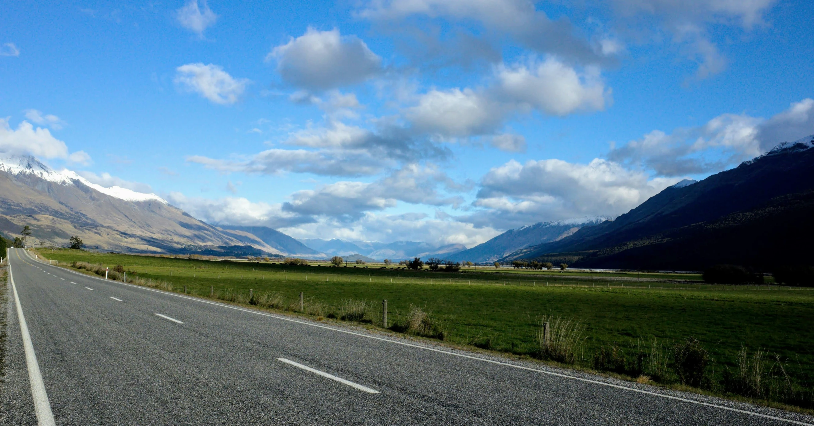 an empty road next to a lush green field with trees