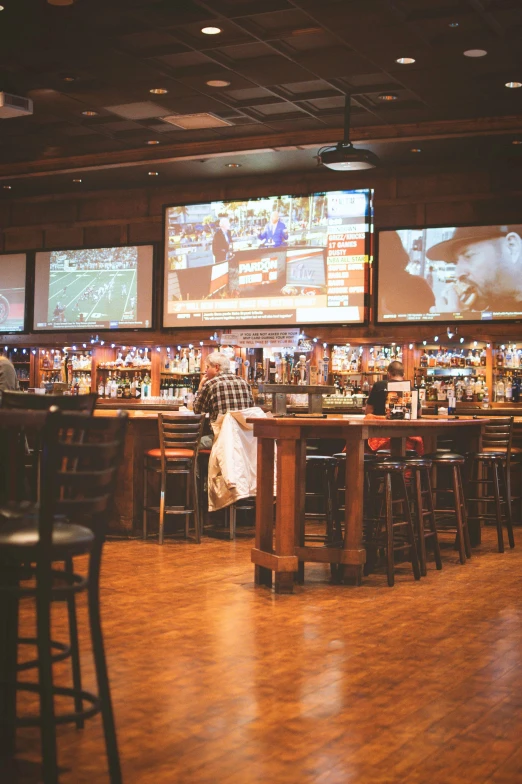 an empty bar and tables are shown in this image